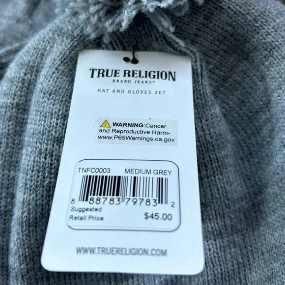 True Religion Knit cuffed pom-pom beanie & gloves set, embroidered & patch logos - Picture 8 of 8